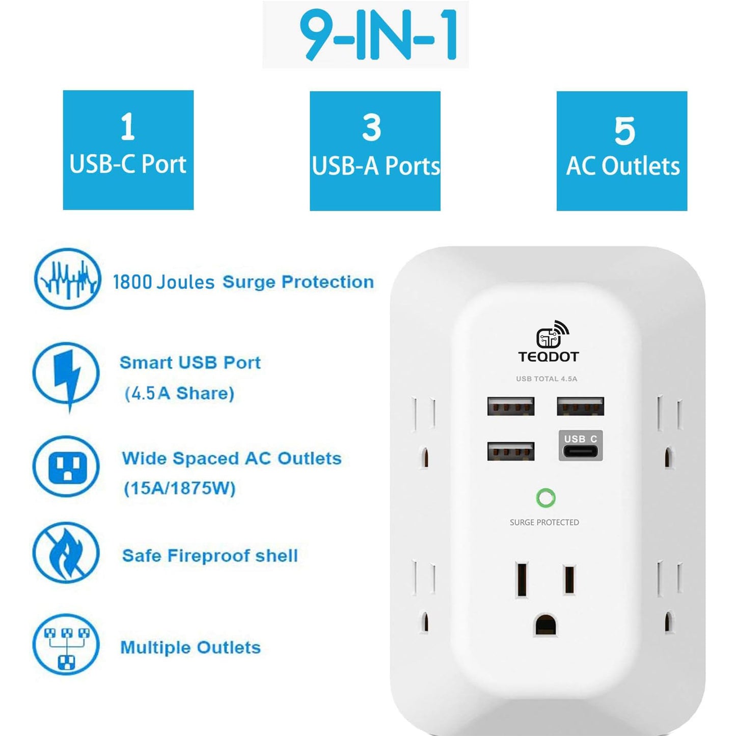 TEQDOT-Multi Socket Wall Socket with 6 AC Outlets 4 USB Port(2 Type C), Universal Plug Power Strip Network Filter Fast Charging