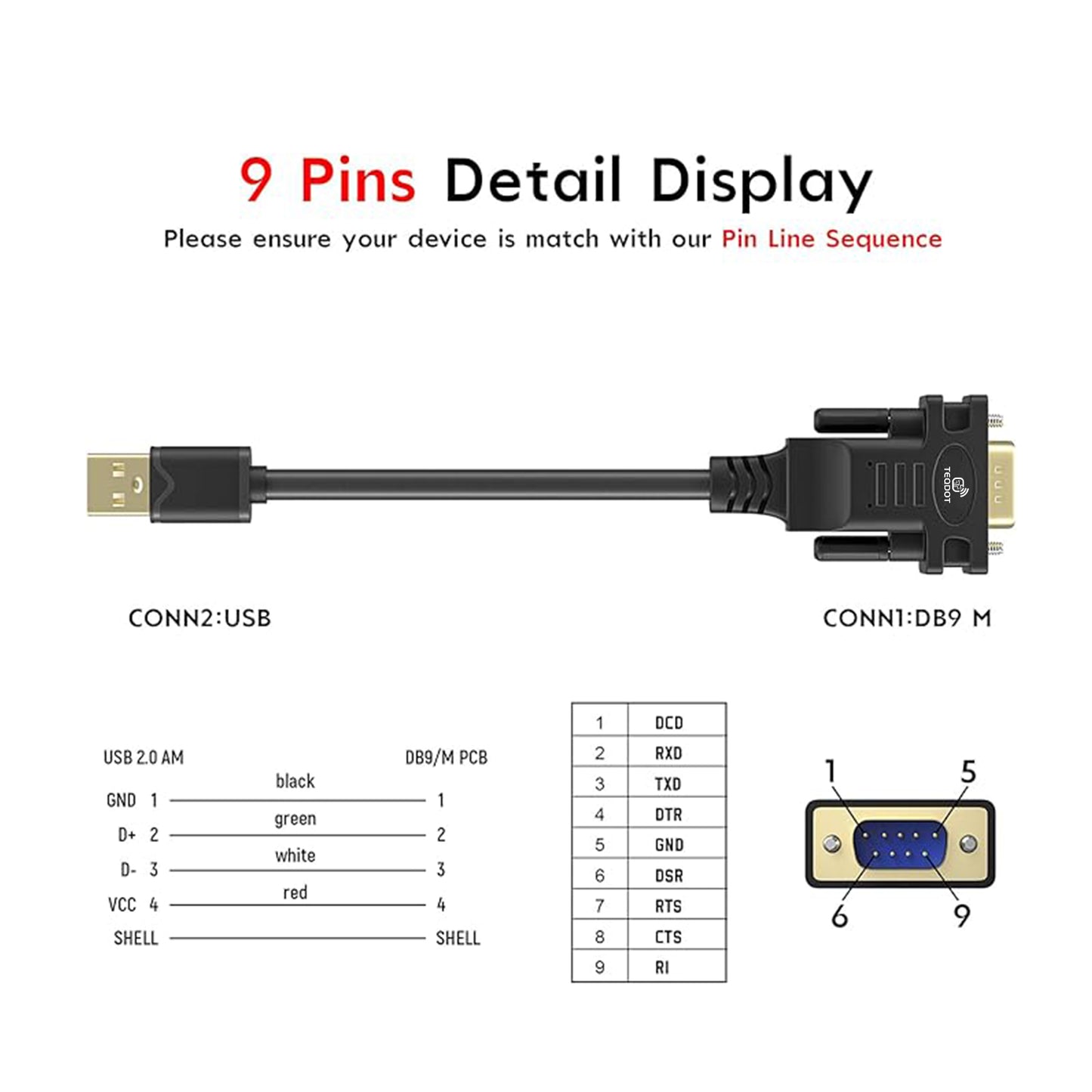 TEQDOT-USB Serial Adapter with FTDI Chipset,USB 2.0 to Male DB9 Serial Cable for Windows 11,10, 8, 7, Vista, XP, 2000, Linux and Mac OS(6ft)