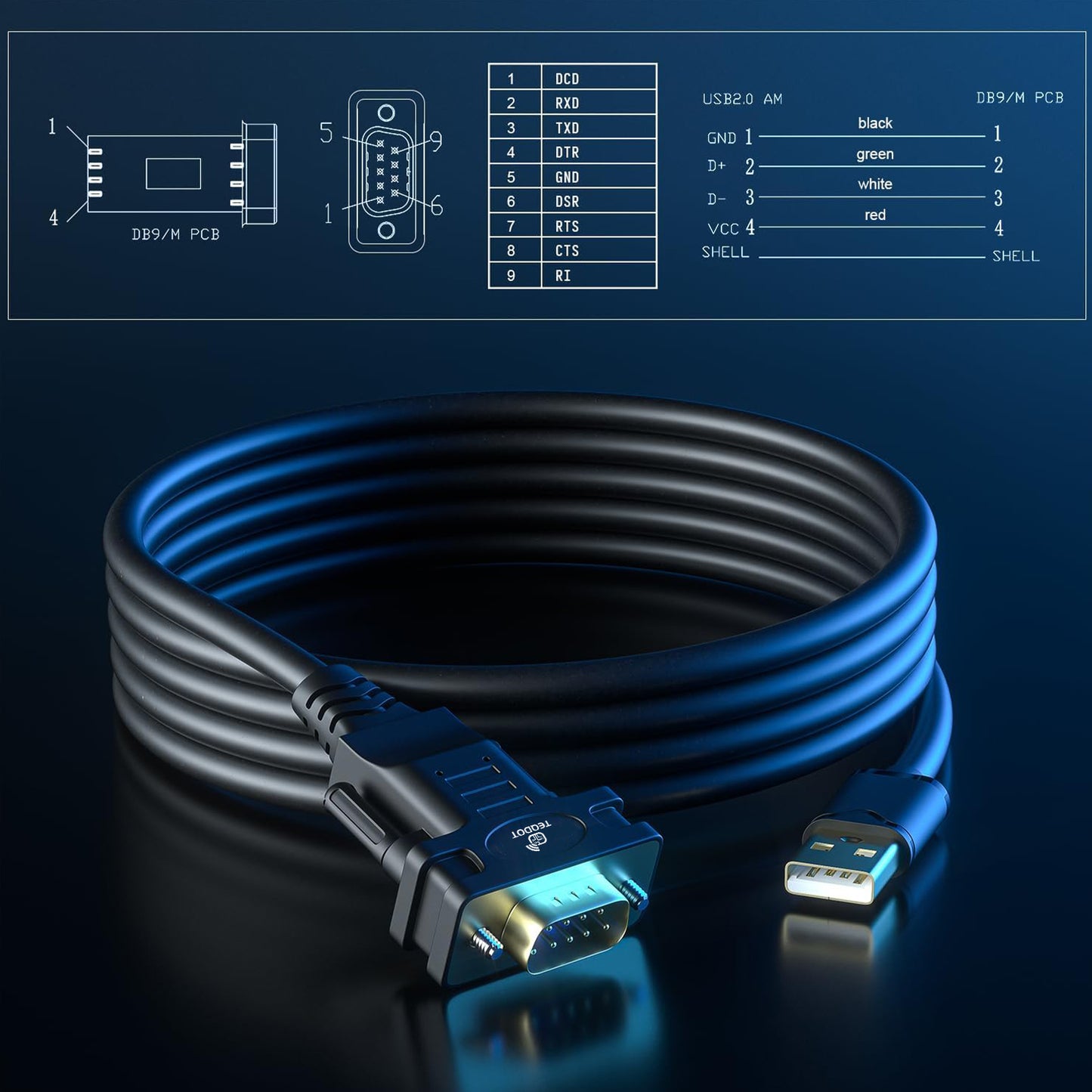 TEQDOT-USB Serial Adapter with FTDI Chipset,USB 2.0 to Male DB9 Serial Cable for Windows 11,10, 8, 7, Vista, XP, 2000, Linux and Mac OS(6ft)