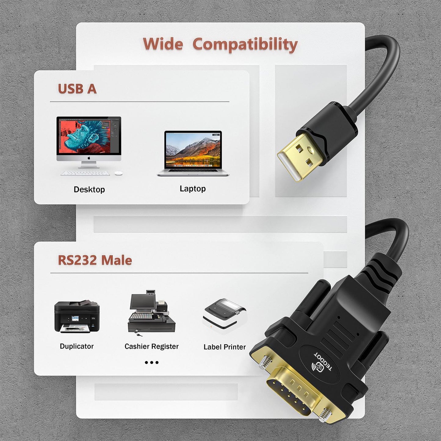 TEQDOT-USB Serial Adapter with FTDI Chipset,USB 2.0 to Male DB9 Serial Cable for Windows 11,10, 8, 7, Vista, XP, 2000, Linux and Mac OS(6ft)