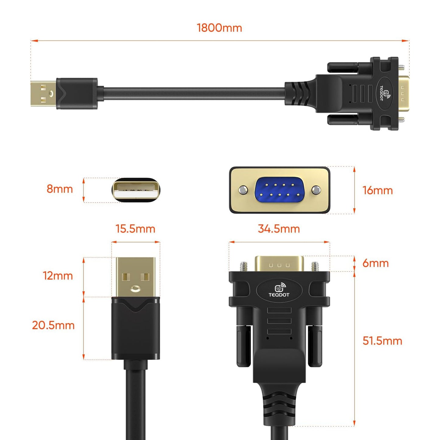 TEQDOT-USB Serial Adapter with FTDI Chipset,USB 2.0 to Male DB9 Serial Cable for Windows 11,10, 8, 7, Vista, XP, 2000, Linux and Mac OS(6ft)