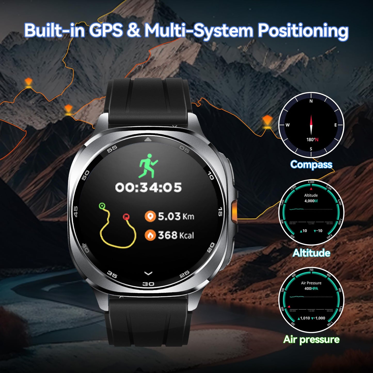 TEQDOT-TS400 Smart Watch AMOLED Bluetooth Calling GPS Positioning Flashlight Compass Altitude Barometric Pressure Health Monitor