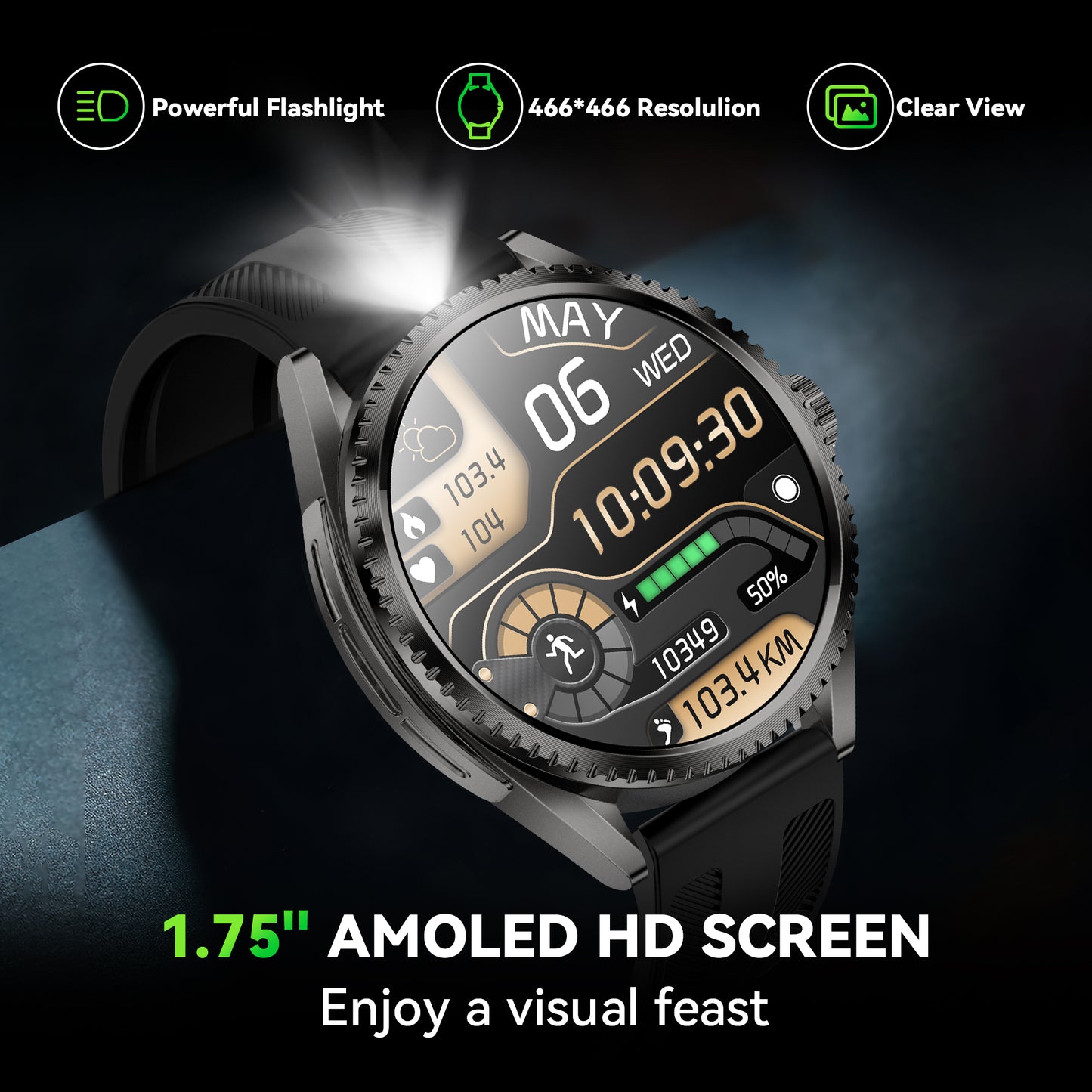 TEQDOT-CF52 Men Smart Watch AMOLED Bluetooth Calling GPS Positioning Flashlight Compass Altitude Barometric Pressure Health Monitor