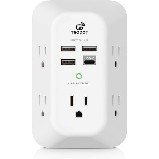 TEQDOT-Multi Socket Wall Socket with 6 AC Outlets 4 USB Port(2 Type C), Universal Plug Power Strip Network Filter Fast Charging