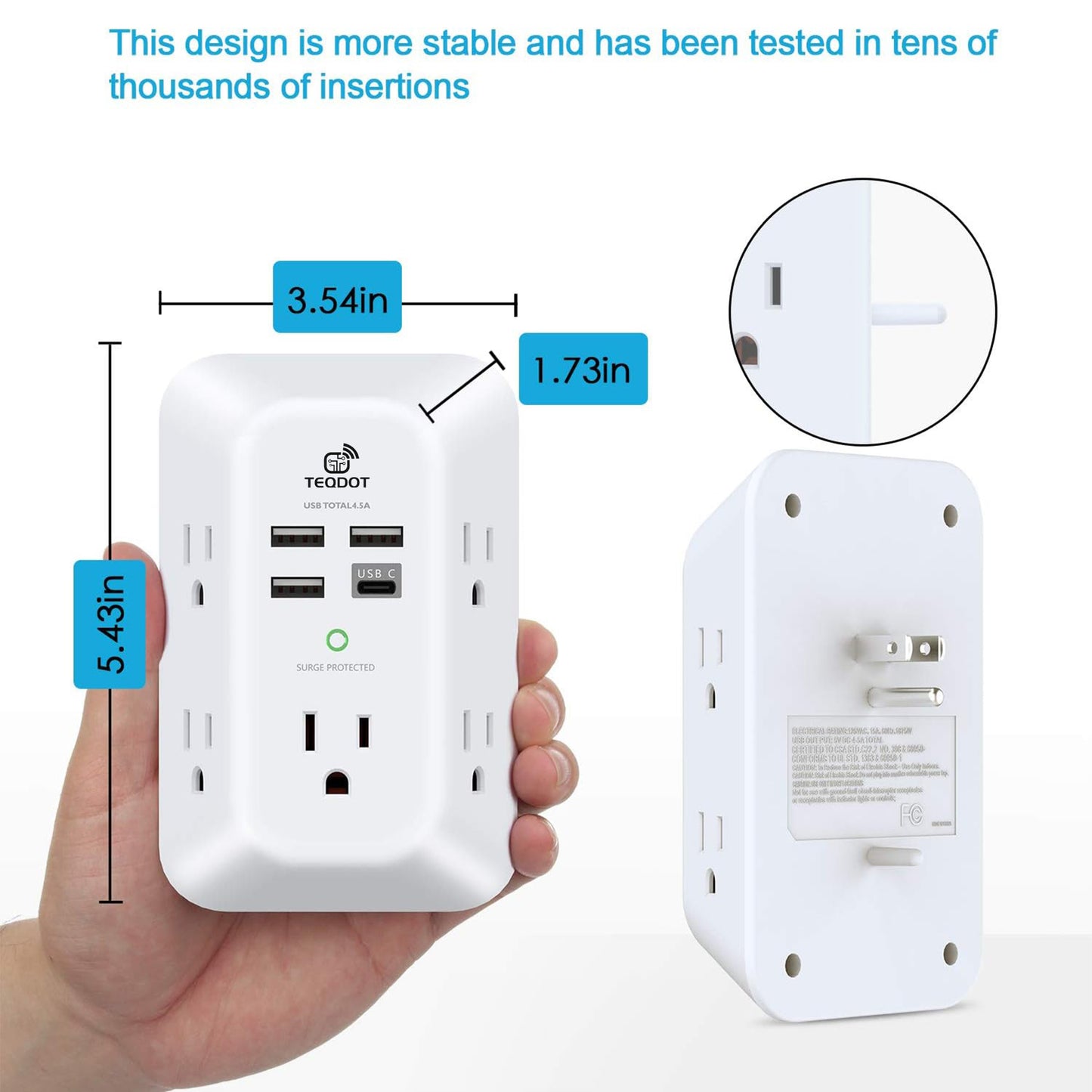 TEQDOT-Multi Socket Wall Socket with 6 AC Outlets 4 USB Port(2 Type C), Universal Plug Power Strip Network Filter Fast Charging